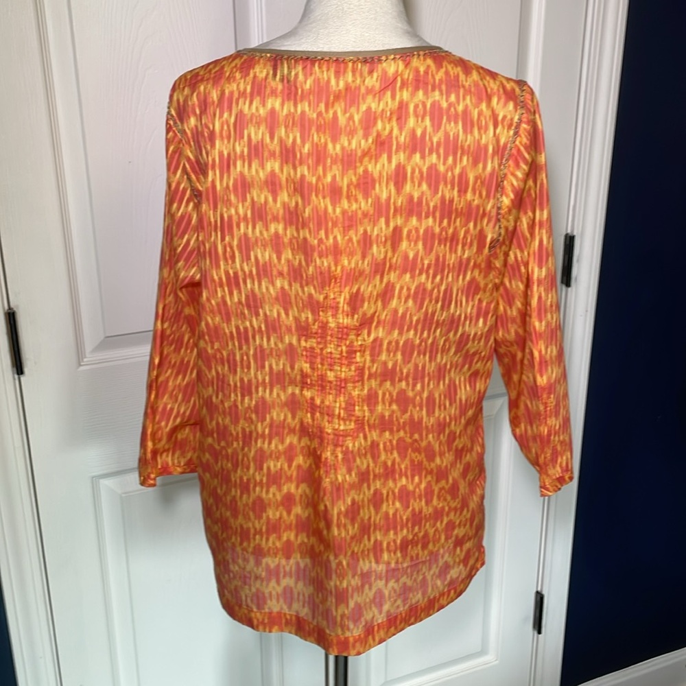 Eddie Bauer Peasant Tunic Blouse Pink Orange Tie Dye Split Neck 3/4 Sleeve - Picture 5 of 8